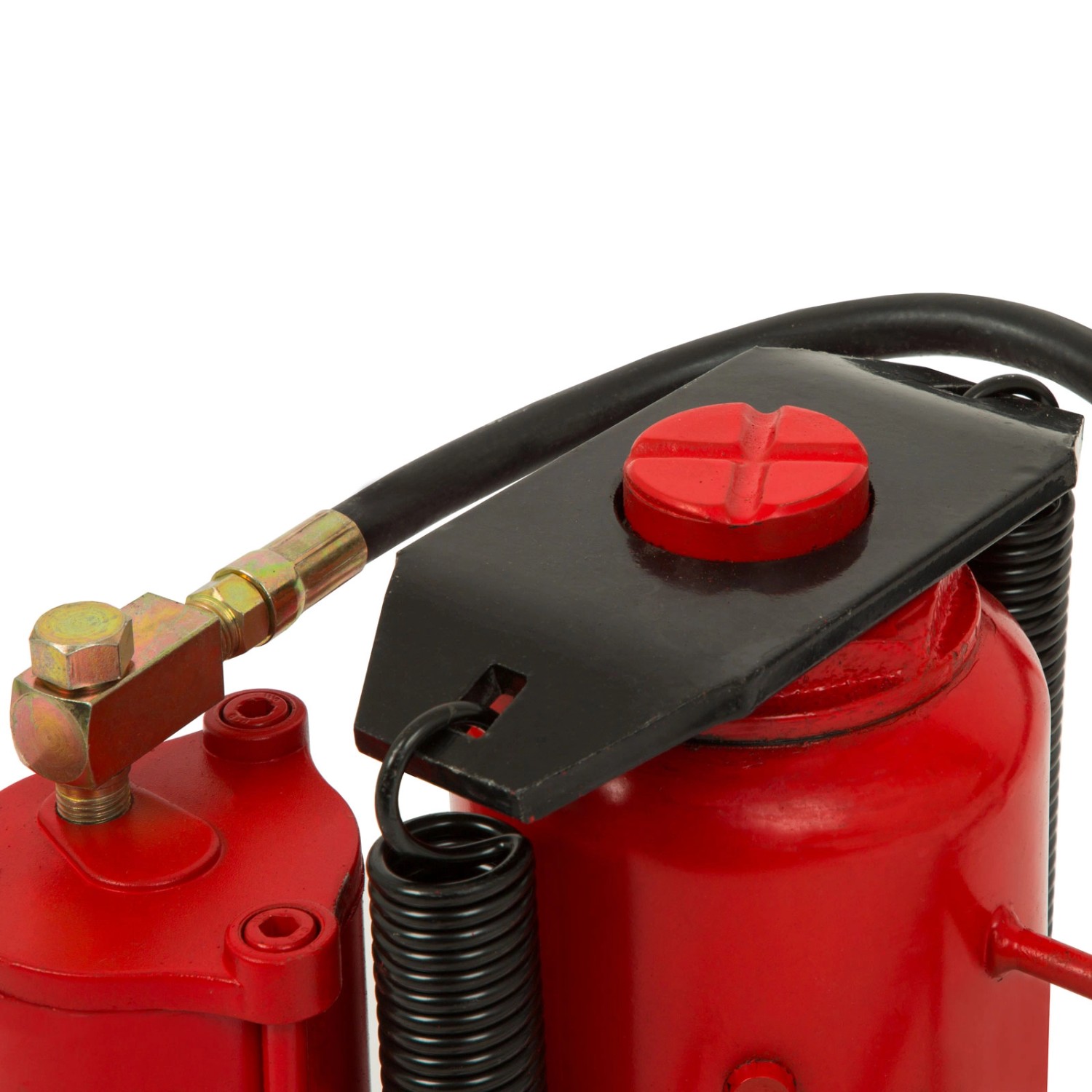 Detailaufnahme: Roter EBERTH Pneumatik Wagenheber (20T) mit schwarzem Schlauch und Metallsattel.