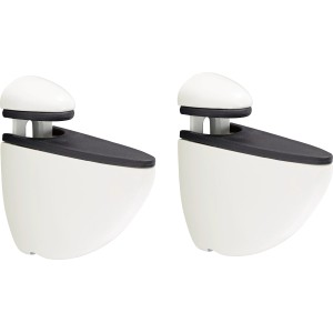 Zwei weiße OBI Befestigungsclips Select für Regalböden, verstellbar und belastbar.