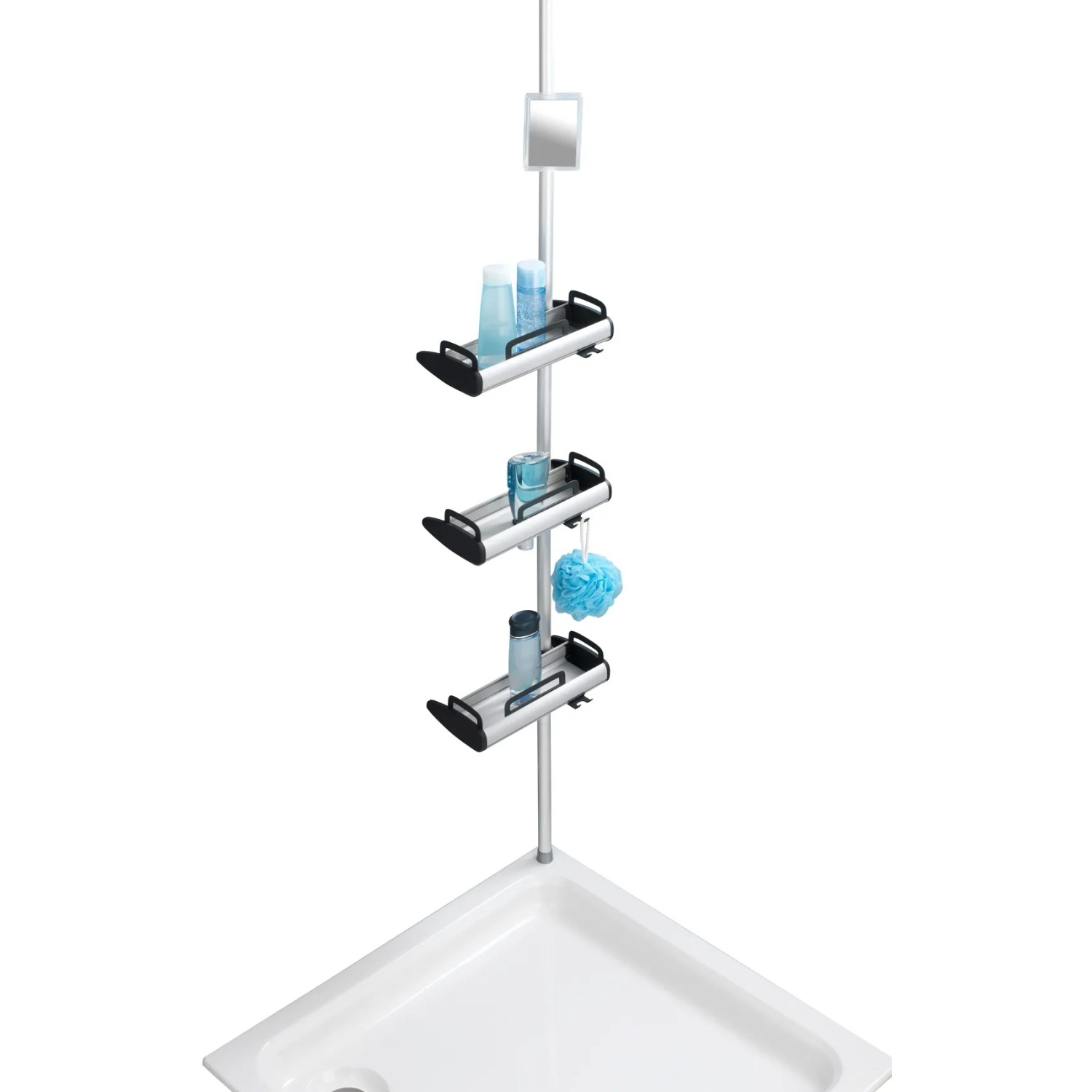 Wenko Teleskop Duschregal Line aus Aluminium mit drei Ablagen und Spiegel in Dusche.