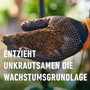 Hand mit Gartenhandschuh hält Compo Bio-Rasendünger gegen Unkraut & Moos.