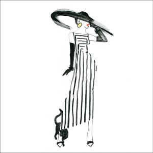 Glasbild Fashion Drawing I, 30x30 cm: Frau mit Hut, gestreiftem Kleid und Katze.