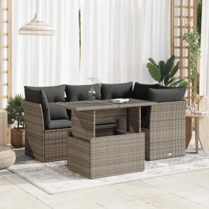 Graue 5-tlg. vidaXL Garten-Sofagarnitur aus Polyrattan mit Tisch und Kissen.