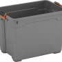 Dunkelgraue OBI Allzweckbox Cadiz Pro S aus Kunststoff mit orangefarbenen Verschlussclips.