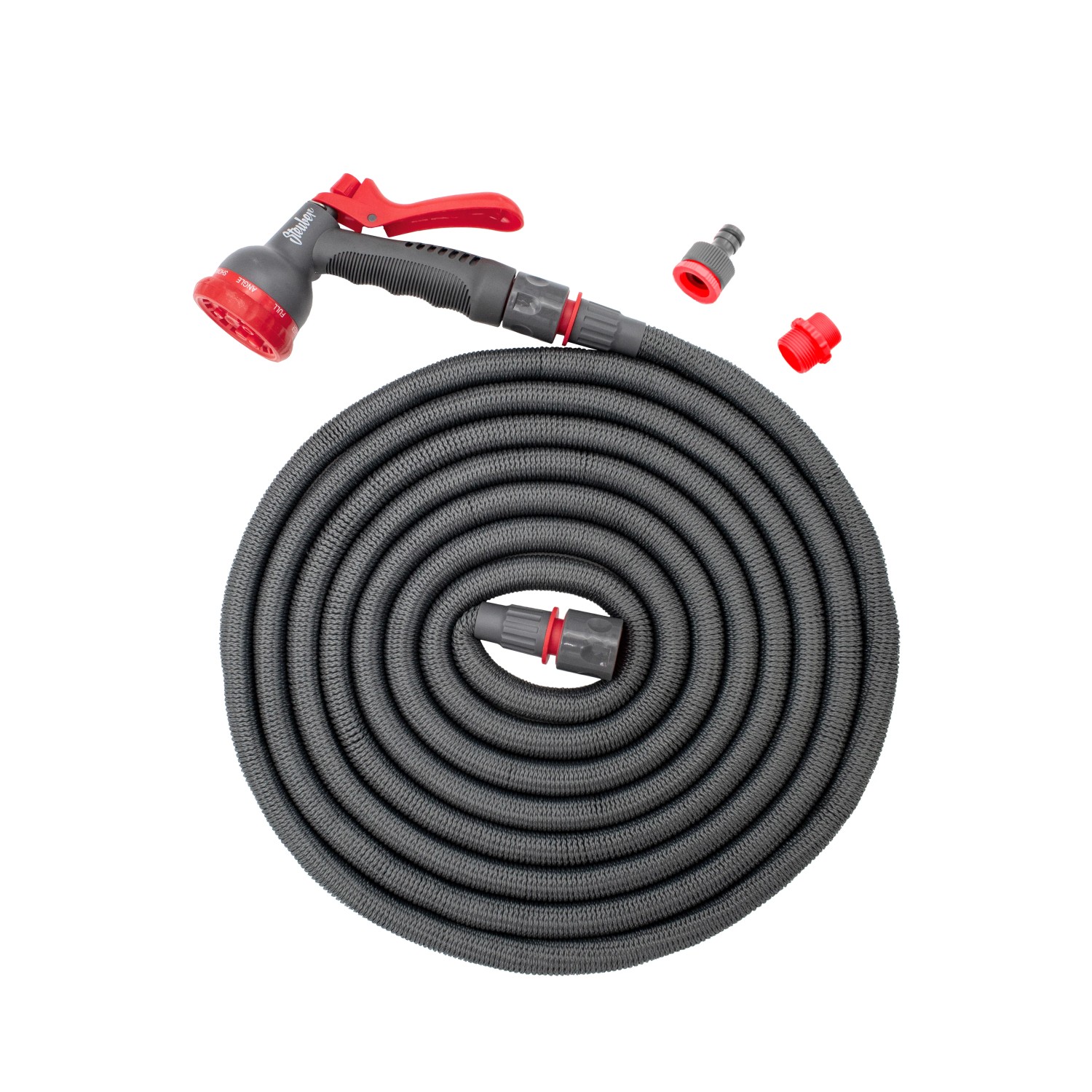 Flexibler Gartenschlauch (16,5m) grau/rot mit Brause und Anschluss-Stück, aufgerollt.