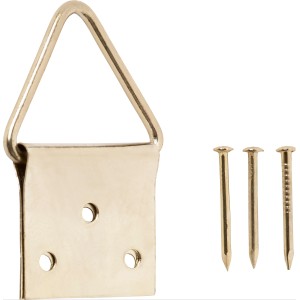 Vermessingte LUX Klappösen Größe 5 mit Stiften, 6 Stück, für Bilderrahmen.