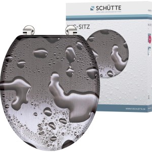 Schütte MDF WC-Sitz Grey Steel mit Wassertropfen-Design und Verpackung.
