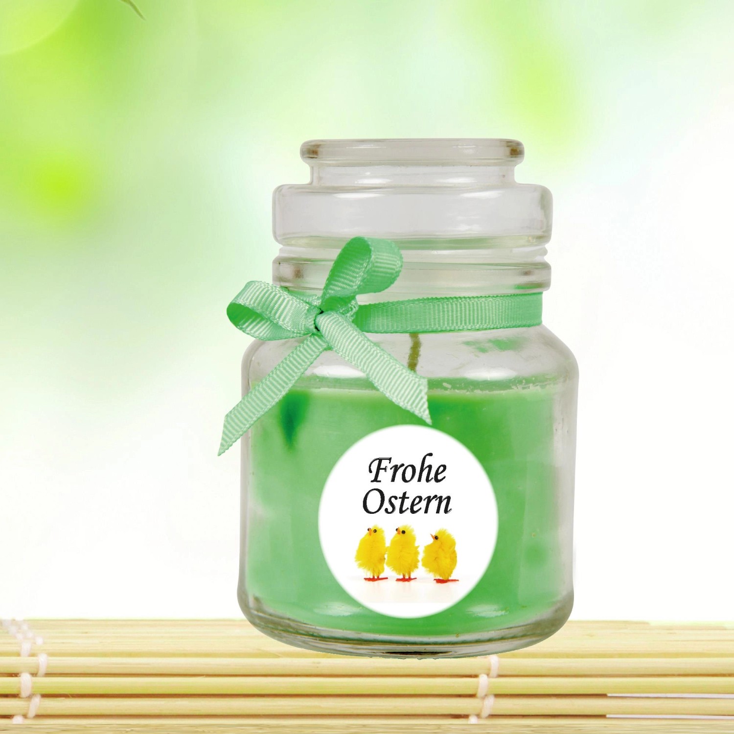Duftkerze "Frohe Ostern" im Glas mit Küken-Motiv, Coconut Limes Duft, Ø7cm.