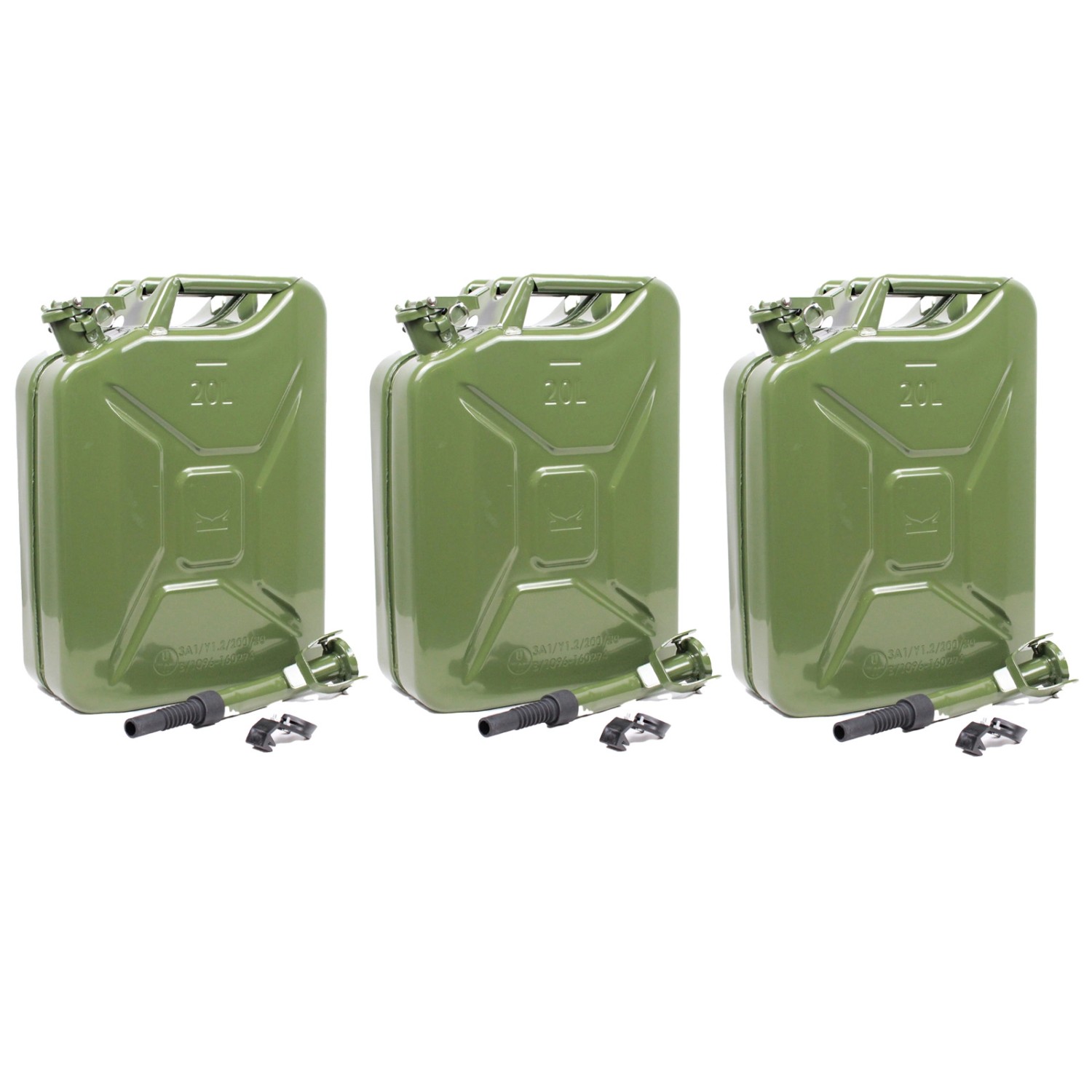 TRUTZHOLM 3x Benzinkanister Dieselkanister 20L Metall Ausgießer Halter Olivgrün