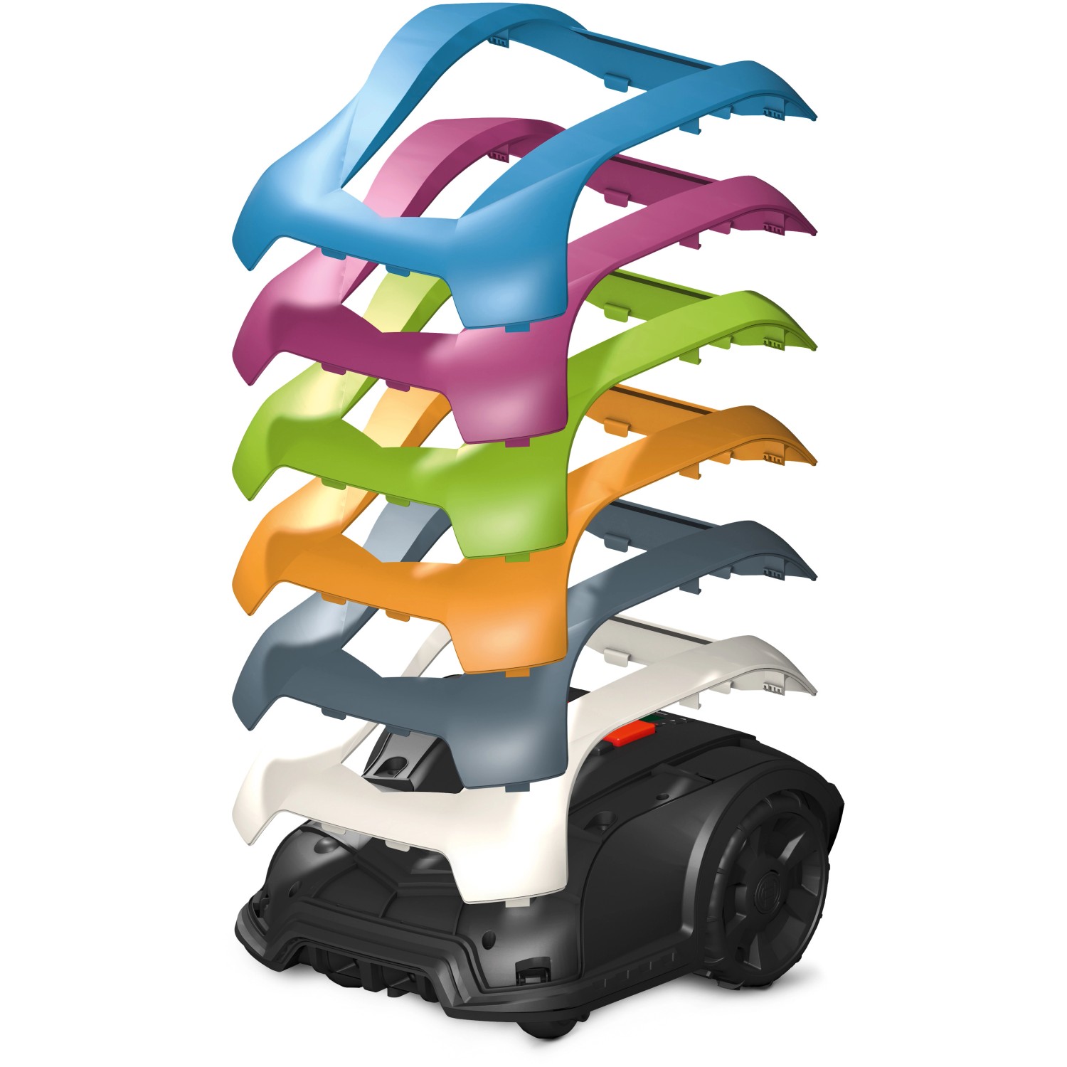 Bosch Indego: Rasenmäher mit verschiedenen farbigen Abdeckungen (Grün als Fokus).