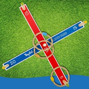 Toyfel Mitty Toss Wurfspiel XXL mit Holz-Kreuz, farbigen Markierungen und Sisal-Ringen auf Rasen.