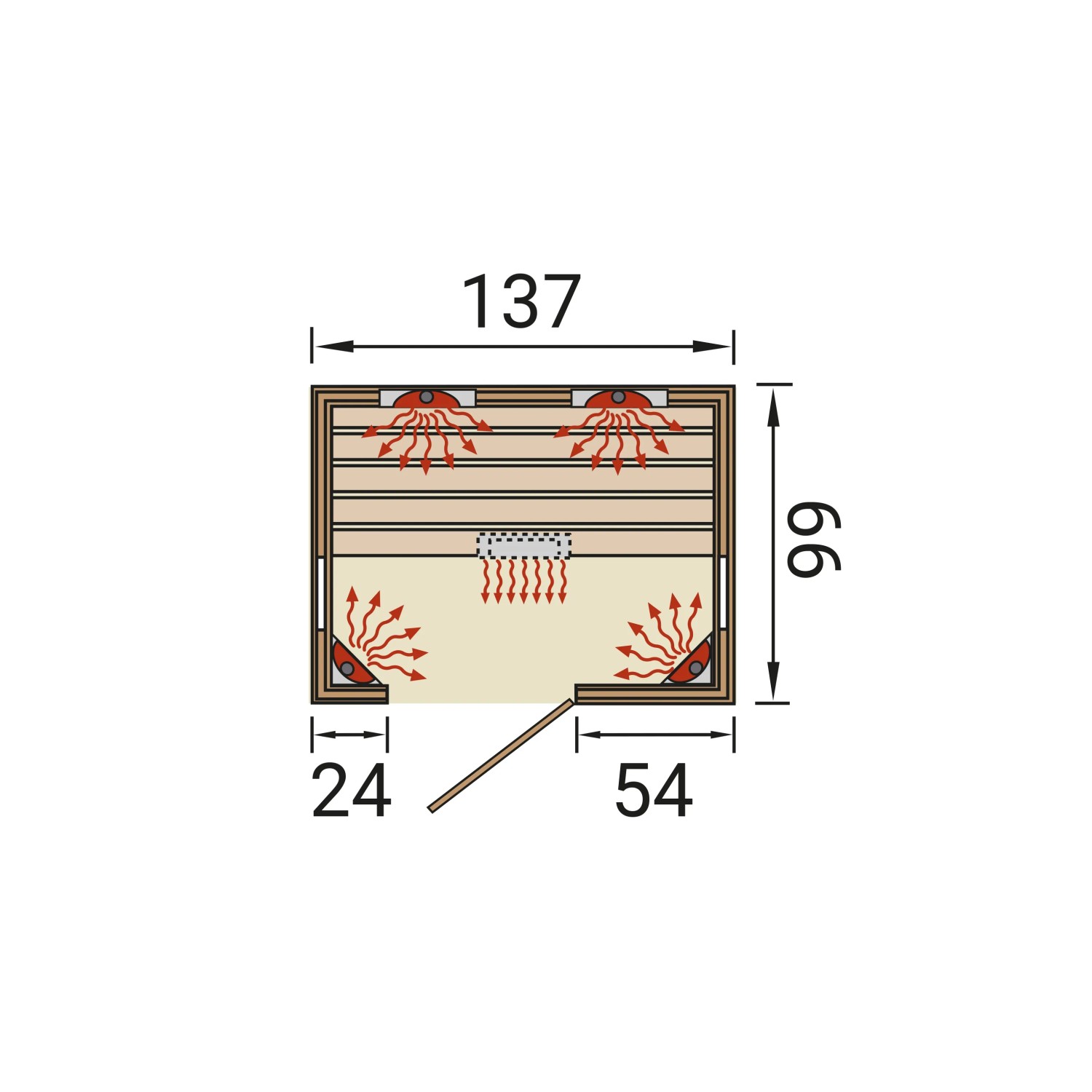 Grundriss der Weka Infrarotkabine Mila 2 mit Linienstrahlern und Maßen.