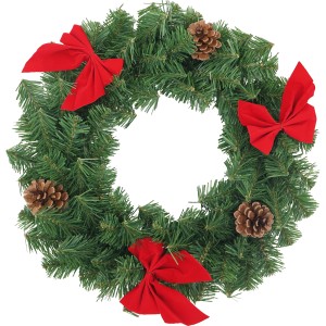 Dekorierter Weihnachtskranz (Ø 45cm) mit roten Schleifen und Tannenzapfen für den Innenbereich.