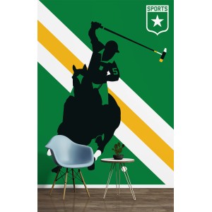 Fototapete mit Polo Spieler Motiv in Weiß, Gelb, Grün und Schwarz. 2,00 m x 2,70 m.