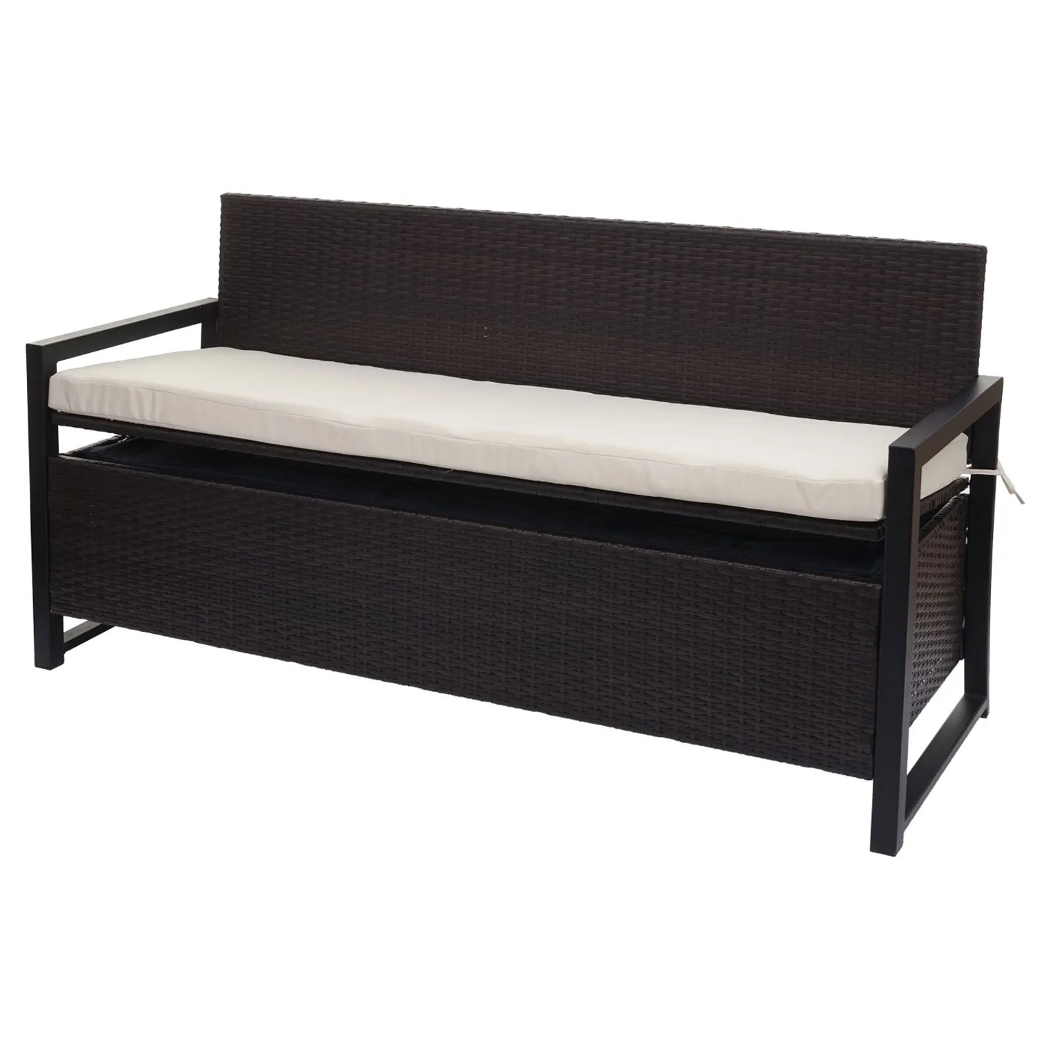 Braune Poly-Rattan Gartenbank mit Staufach und creme-farbenen Kissen.
