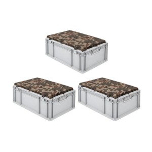 SparSet: 3 graue Euroboxen mit Camouflage-Sitzkissen, 44 Liter. Ideal als Transport- und Sitzbox.