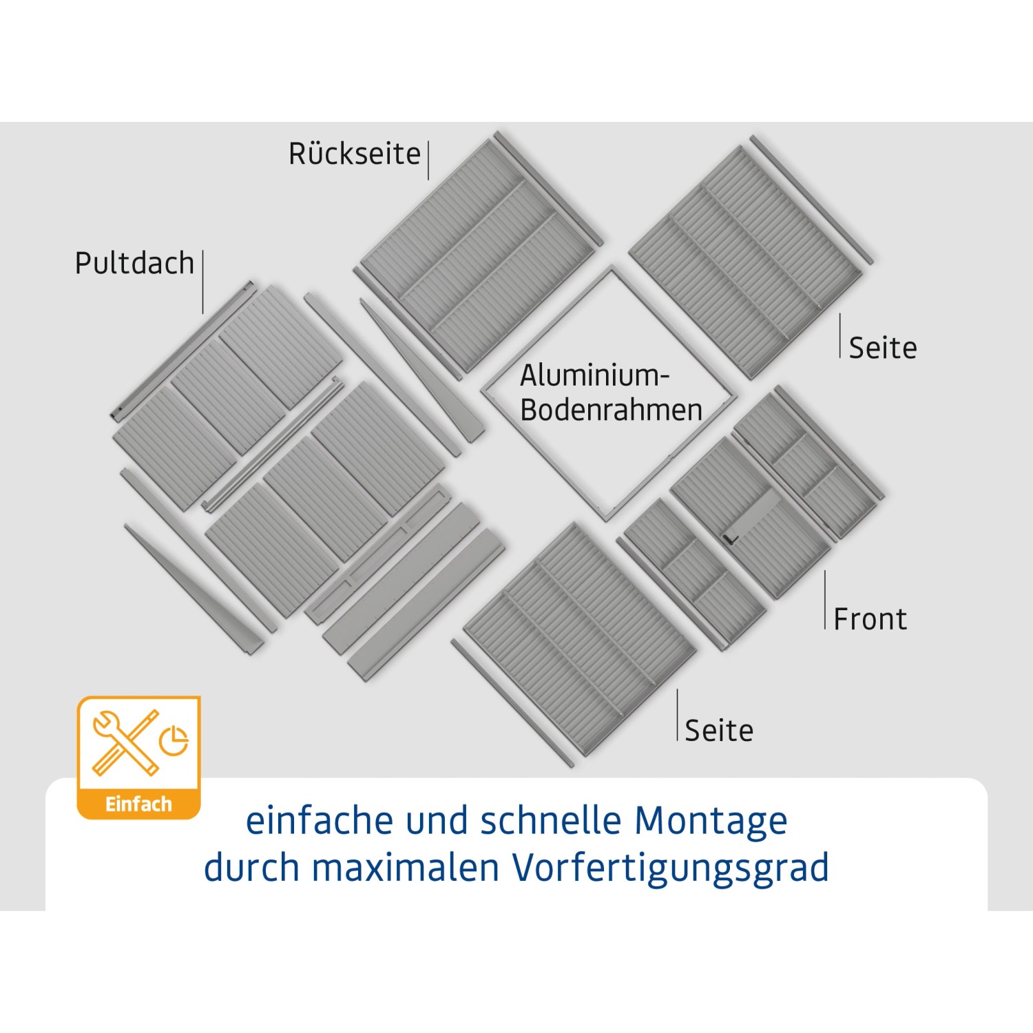 Einzelteile des Ecostar Gerätehauses Trend mit Pultdach in Purpurrot, zur einfachen Montage vorbereitet.