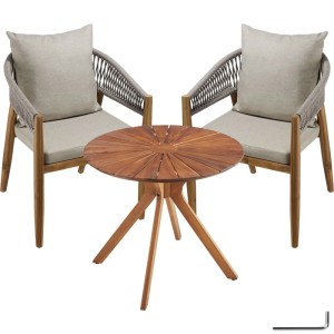Tectake 3-teiliges Gartenset aus wetterfestem Akazienholz: runder Tisch mit Sonnenmuster, 2 Stühle mit Rope-Design & greigen Kissen.
