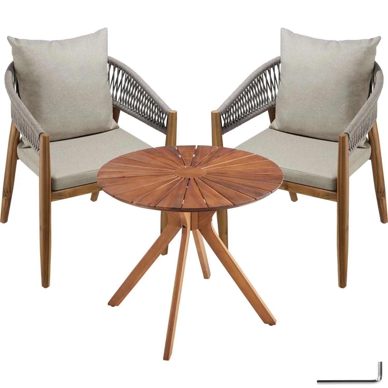 Tectake 3 Teiliges Gartenset  Runder Tisch Mit Sonnenmuster und 2 Stühle Im Rope Design Wetterfest  Massives Akazienholz  70 x 70 x 62 cm Greige
