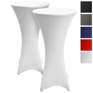 Zwei weiße Beautissu Stella Stehtischhussen, Stretch, Ø 60 cm, mit optimaler Passform und verstärkten Füßen.