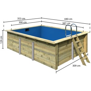 Rechteckiger Karibu Holzpool Gr. 2 mit blauer Innenhülle und Leiter. Kesseldruckimprägniertes Holz.