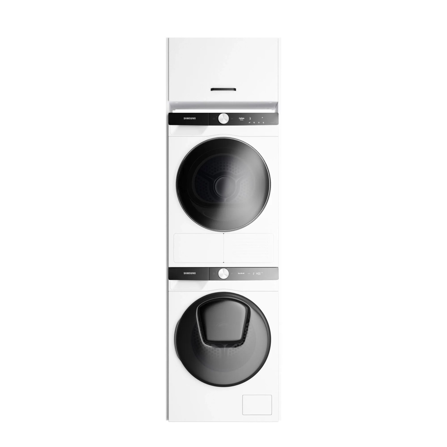 Weiße OPTIFIT Waschsäule Bonn214 mit Klappe für Waschmaschine und Trockner. Hauswirtschaftsraummöbel.