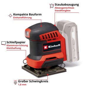 Einhell Akku-Faustschleifer TE-OS 18/113 Li-Solo, rot/schwarz, mit Staubabsaugung und Kletthaftung.