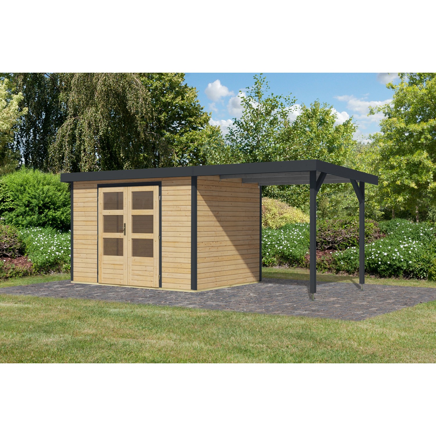 Karibu Gartenhaus Ernesto 4 A m. Anbaudach Natur/Anthrazit 209 x 298 x 213 günstig online kaufen