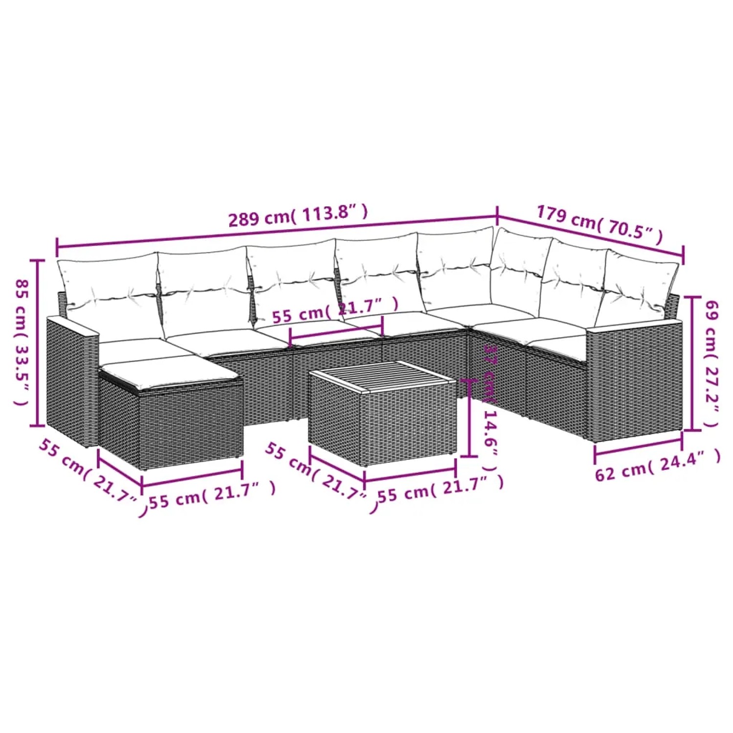 Schwarze 9-tlg. vidaXL Garten-Sofagarnitur aus Polyrattan mit Kissen und Tisch, Maße siehe Grafik.