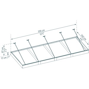 Technische Zeichnung: Palram Canopia Sophia XL Terrassenüberdachung, 3,8 m x 1,4 m, Maße und Details.