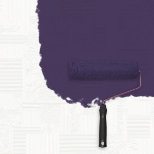 Überstreichen einer weißen Bricoflor Struktur Vliestapete mit lila Farbe und Farbroller.