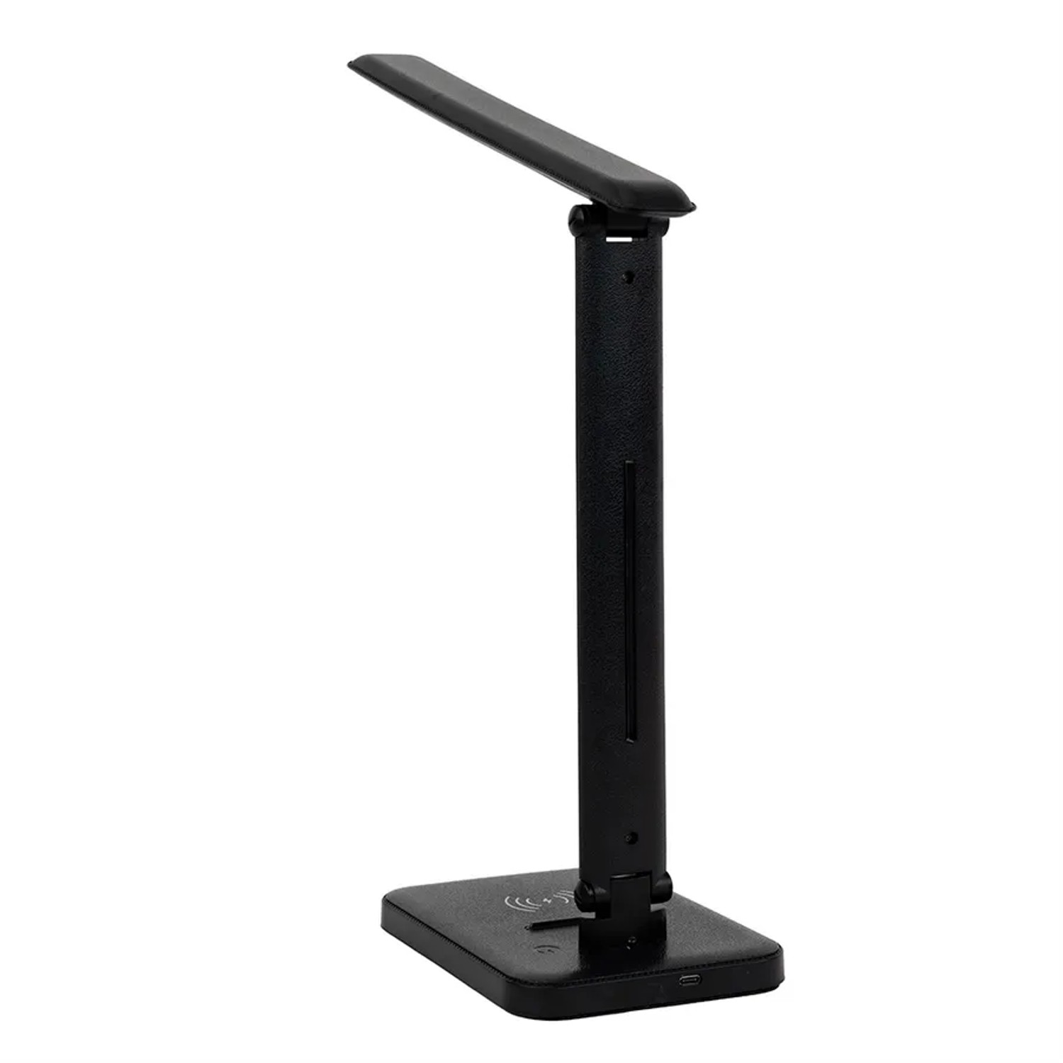 Schwarze LED Schreibtischleuchte mit induktiver Ladestation, dimmbar und mit einstellbarer Lichtfarbe.