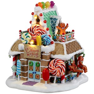 Lemax Weihnachtsdekoration: The Lollipop Shop mit LED-Beleuchtung und Lebkuchenmännchen.