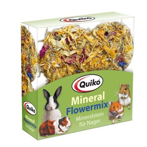 Quiko Mineral Flowermix Knabberstein für Nager mit Blüten und Getreide, 90g Packung.