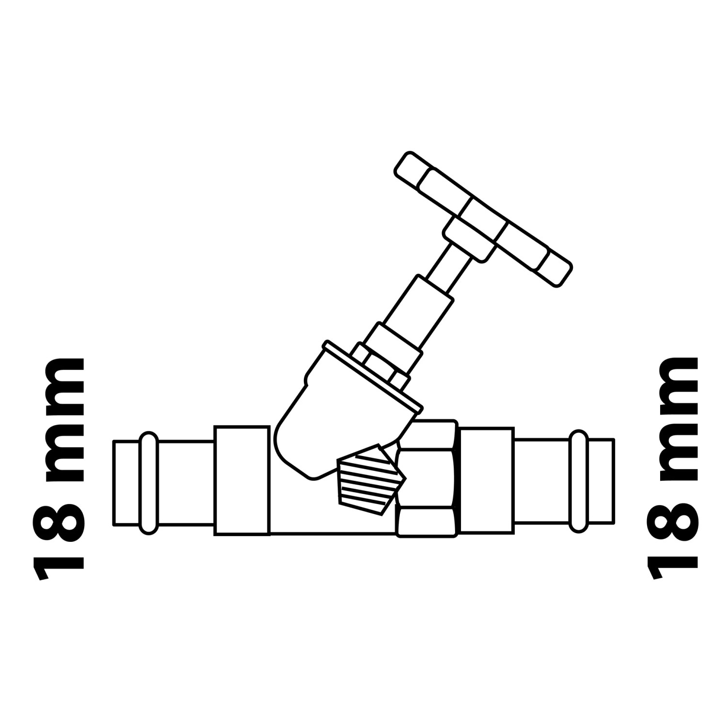 Kirchhoff Schrägsitzventil 18 mm mit Entleerung für Pressfittings, Schemazeichnung.