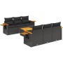 Schwarze 7-tlg. vidaXL Garten-Sofagarnitur aus Poly Rattan mit Kissen und Akazienholz-Akzenten.
