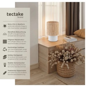 Tectake Klea Tischleuchte im Boho-Stil mit Juteschirm und weißem Zementsockel, leuchtend auf Holzkommode.