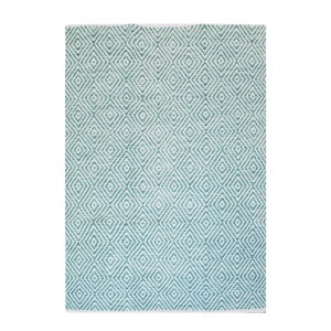 Türkiser Baumwollteppich (80x150 cm) mit Rautenmuster, handgewebter Kurzflorteppich.