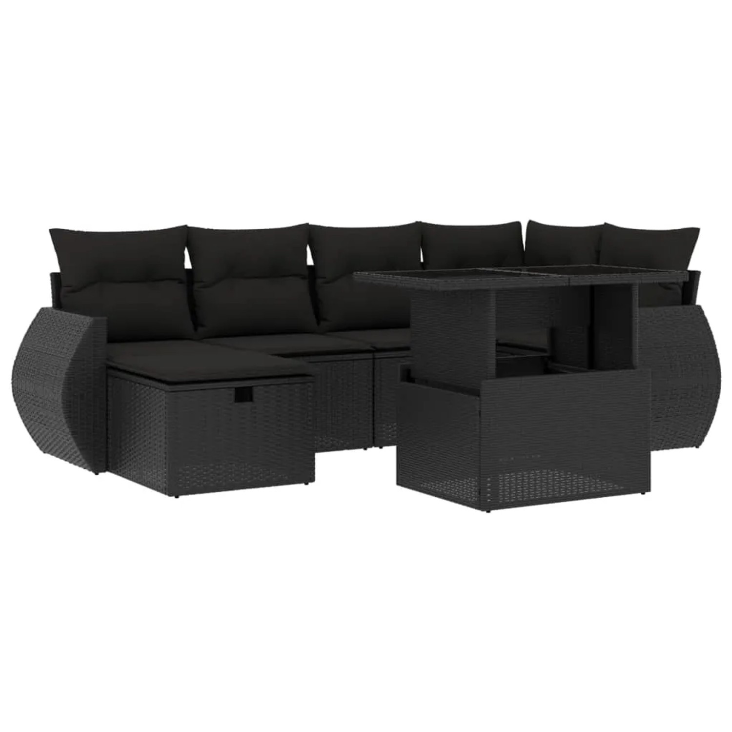 vidaXL 7-Tlg Garten-Sofagarnitur mit Kissen Schwarz Poly Rattan 3275135
