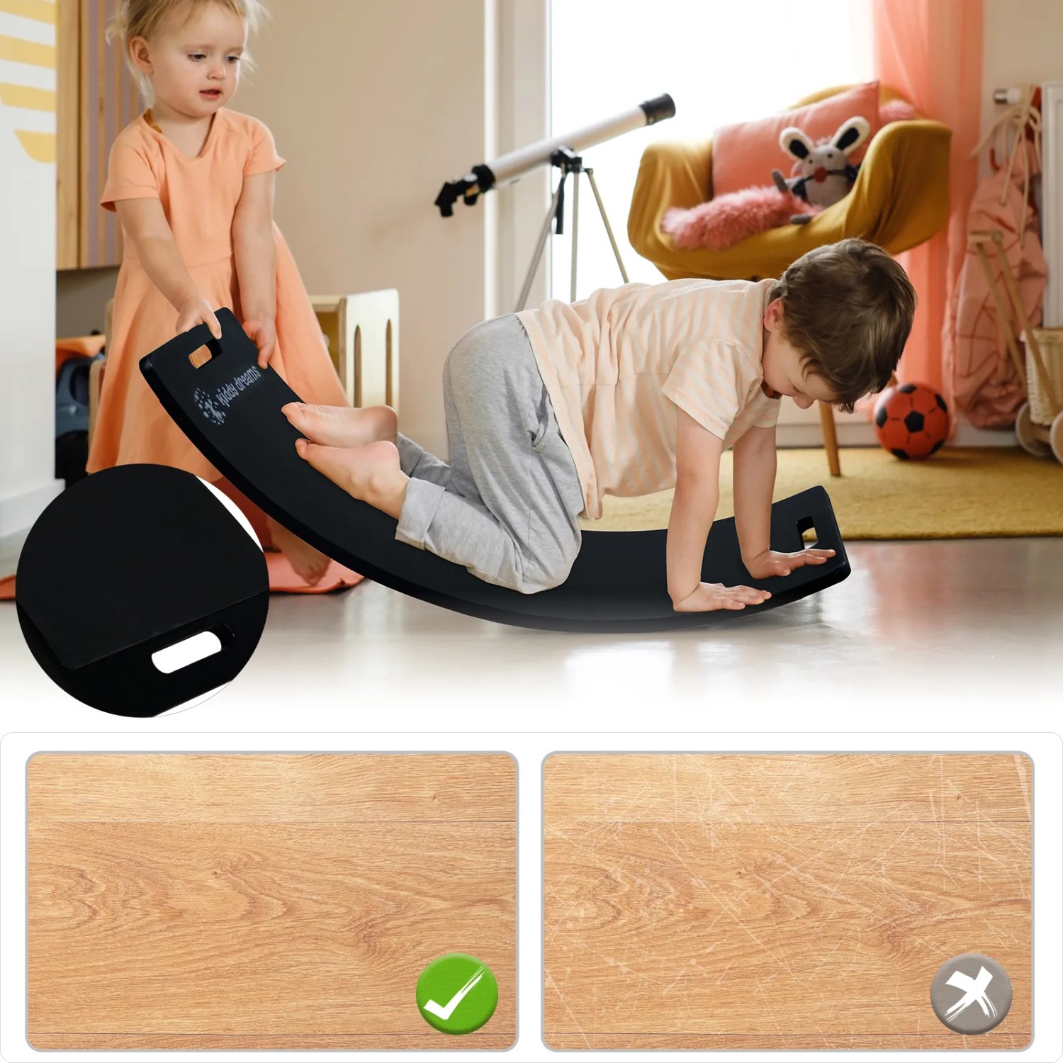 Schwarzes CCLIFE Balance Board aus Holz mit Kind beim Spielen, Montessori Spielzeug.