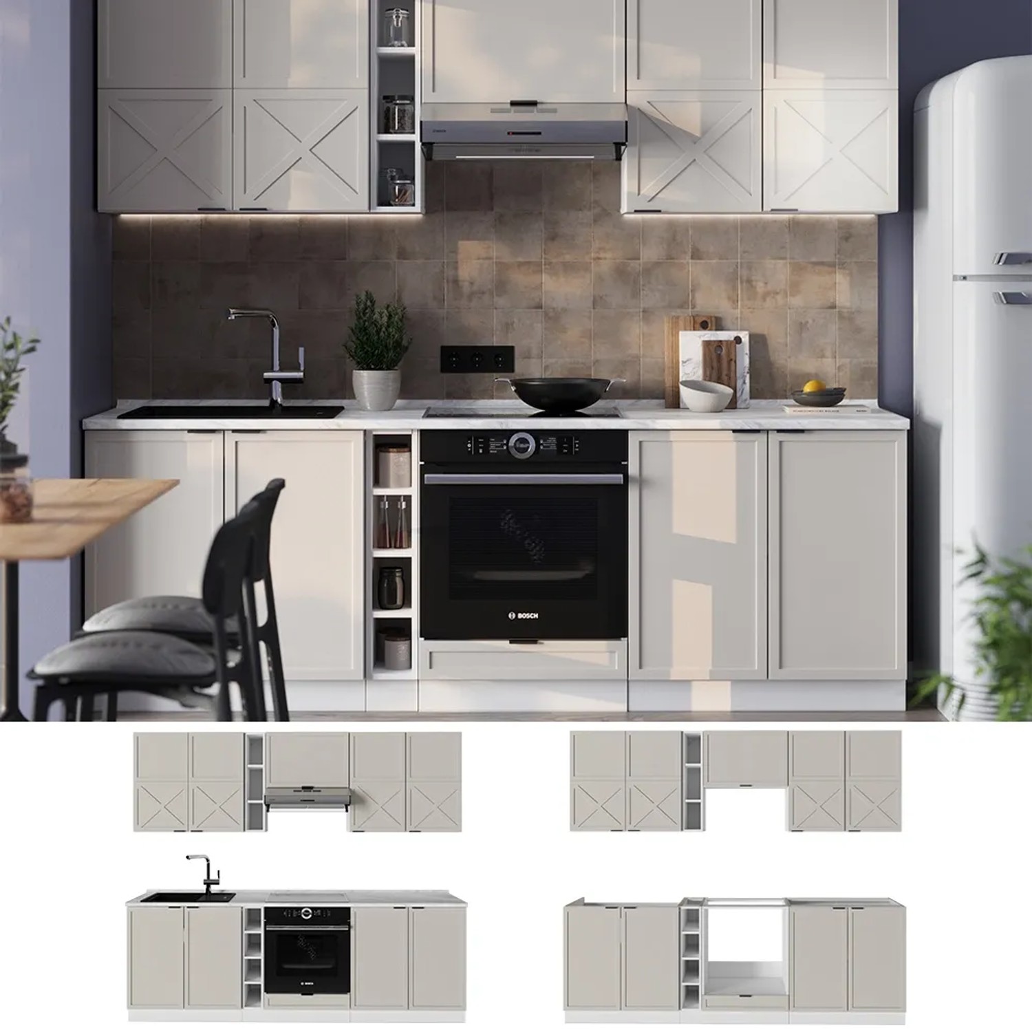 Vicco Fame-Line Küchenzeile in GrauBeige/Weiß, 235 cm breit, ohne Arbeitsplatte.