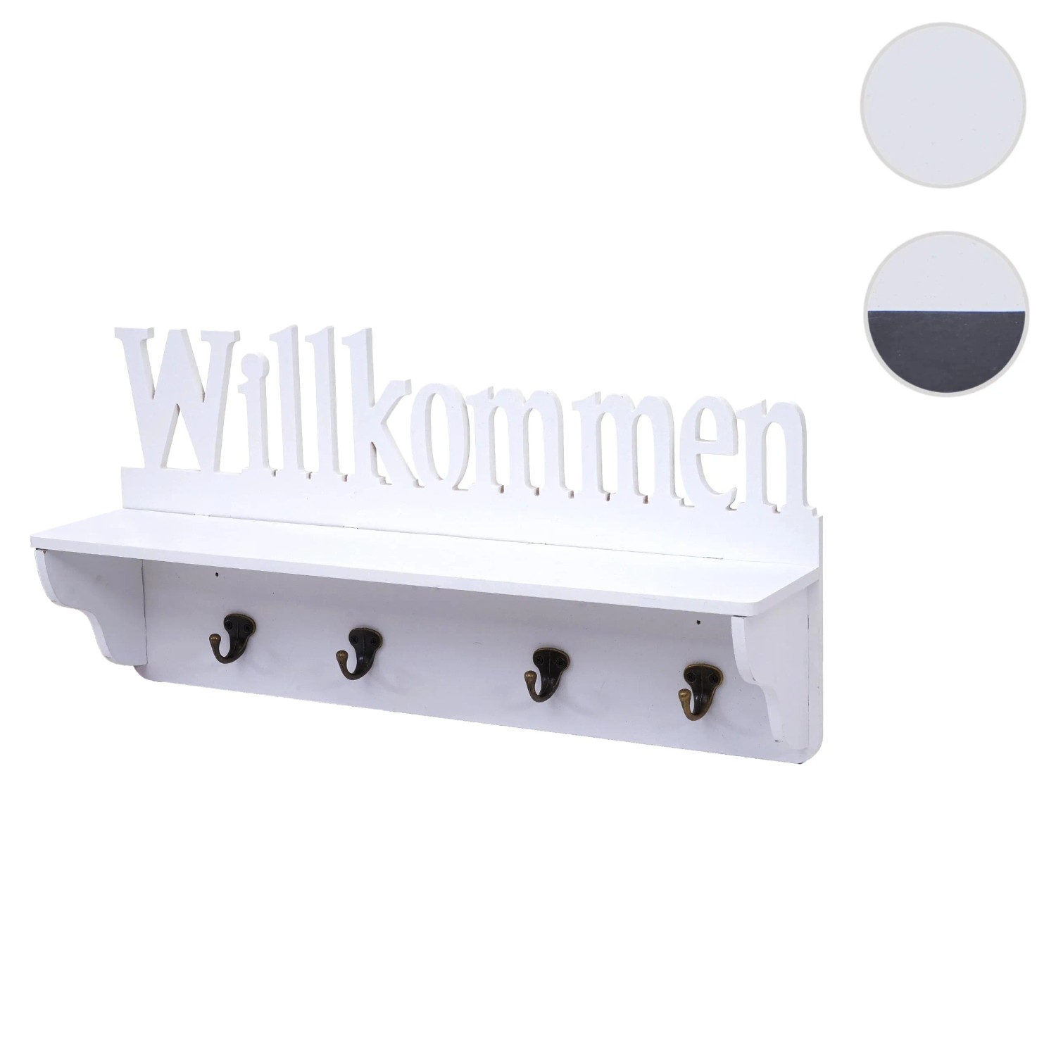 Weiße MCW Wandgarderobe D41 Willkommen mit 4 Haken und Ablagefläche.