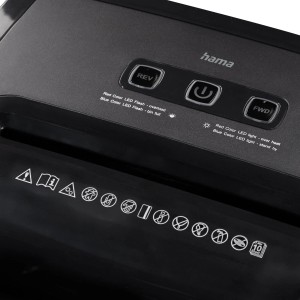 Hama Aktenvernichter Prime M100: Detailansicht der Bedienelemente und Sicherheitshinweise.