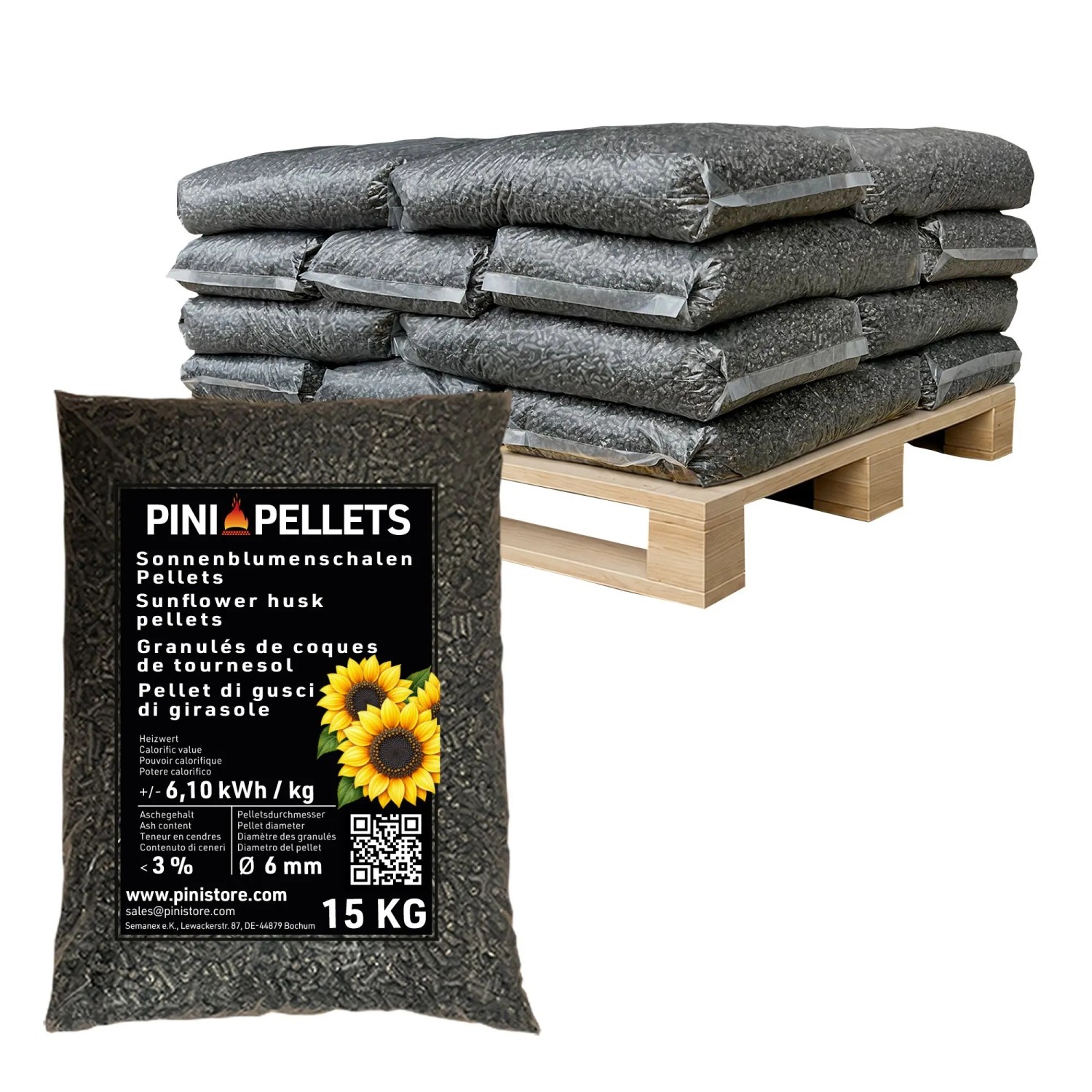 PINI Sonnenblumenschalen Pellets 6 mm Heizpellets 300 kg Palette