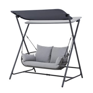 Anthrazitfarbene Leco Hollywoodschaukel Marie mit Sonnendach und grauen Kissen.