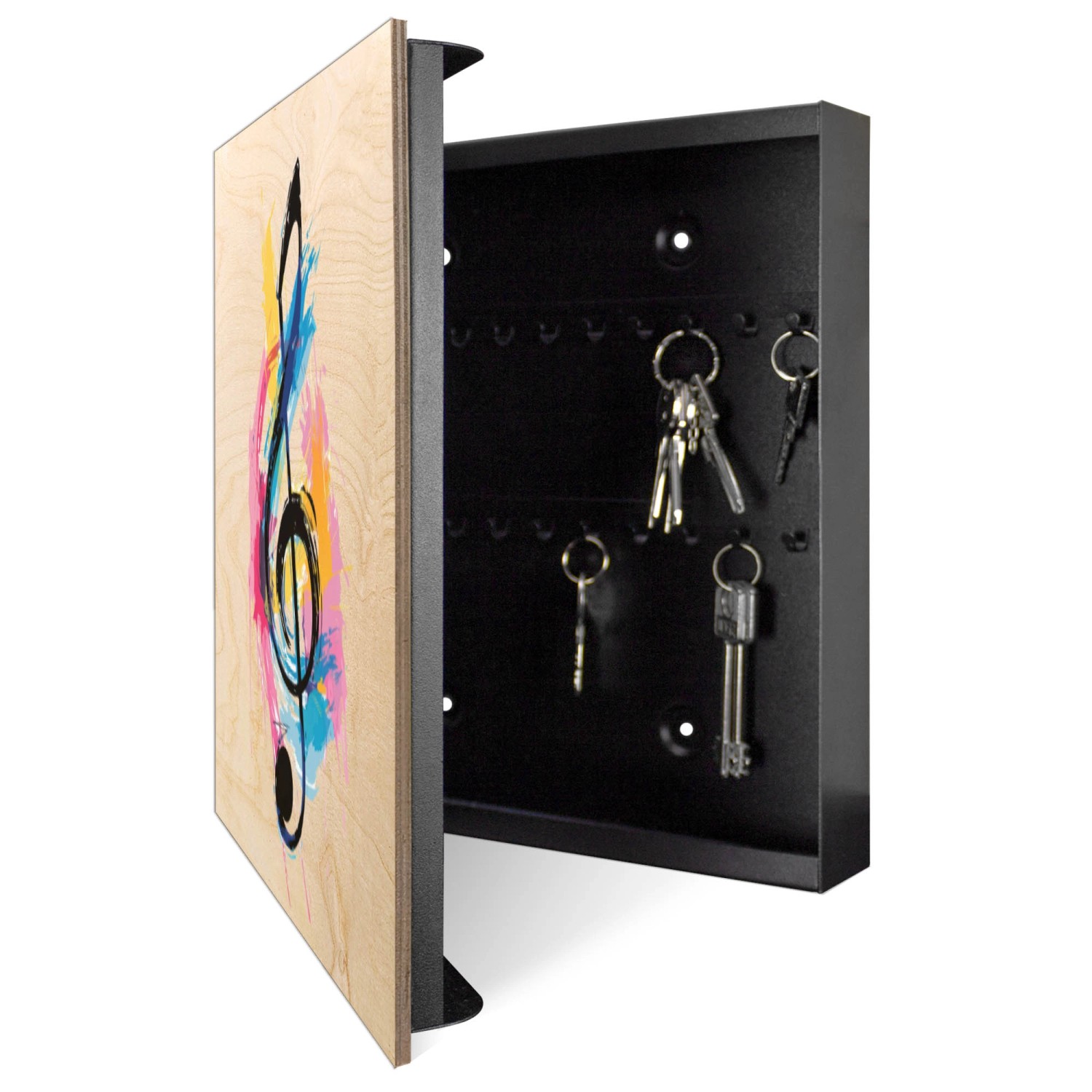 Banjado Schlüsselkasten aus Holz, 30x30cm, mit bunter Notenpalette und 50 Haken zur Schlüsselaufbewahrung.