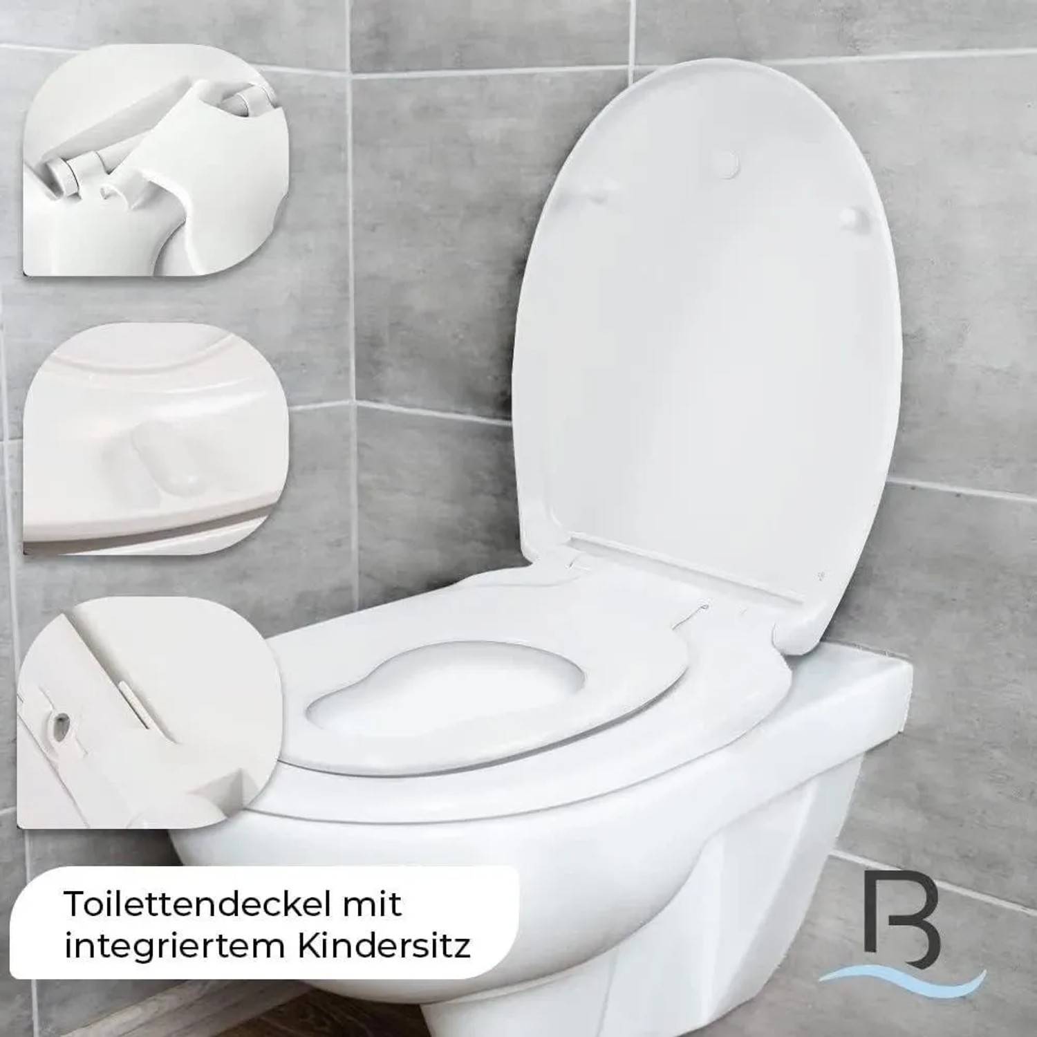Weißer Bath4U WC-Sitz mit integriertem Kindersitz und Absenkautomatik auf einer Toilette.