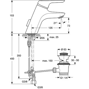 Technische Zeichnung: Ideal Standard Ceramix Blue Waschtischarmatur, Maße und Anschlüsse dargestellt.
