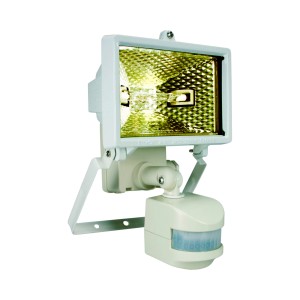 Weißer Halogenstrahler mit Bewegungsmelder für den Außenbereich. Wandmontage.