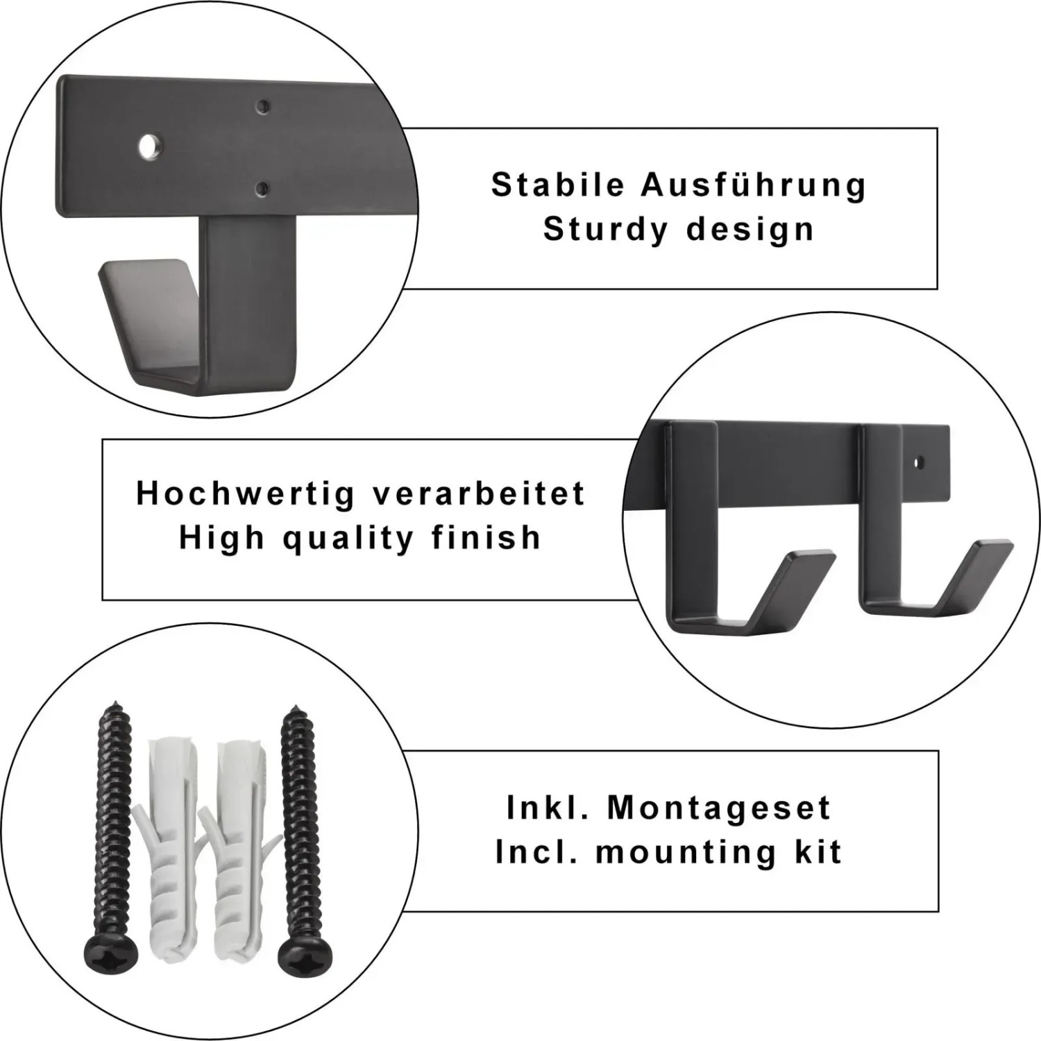 Detailansicht: Schwarze SOTECH Blackline ALBA Hakenleiste mit Montagematerial.