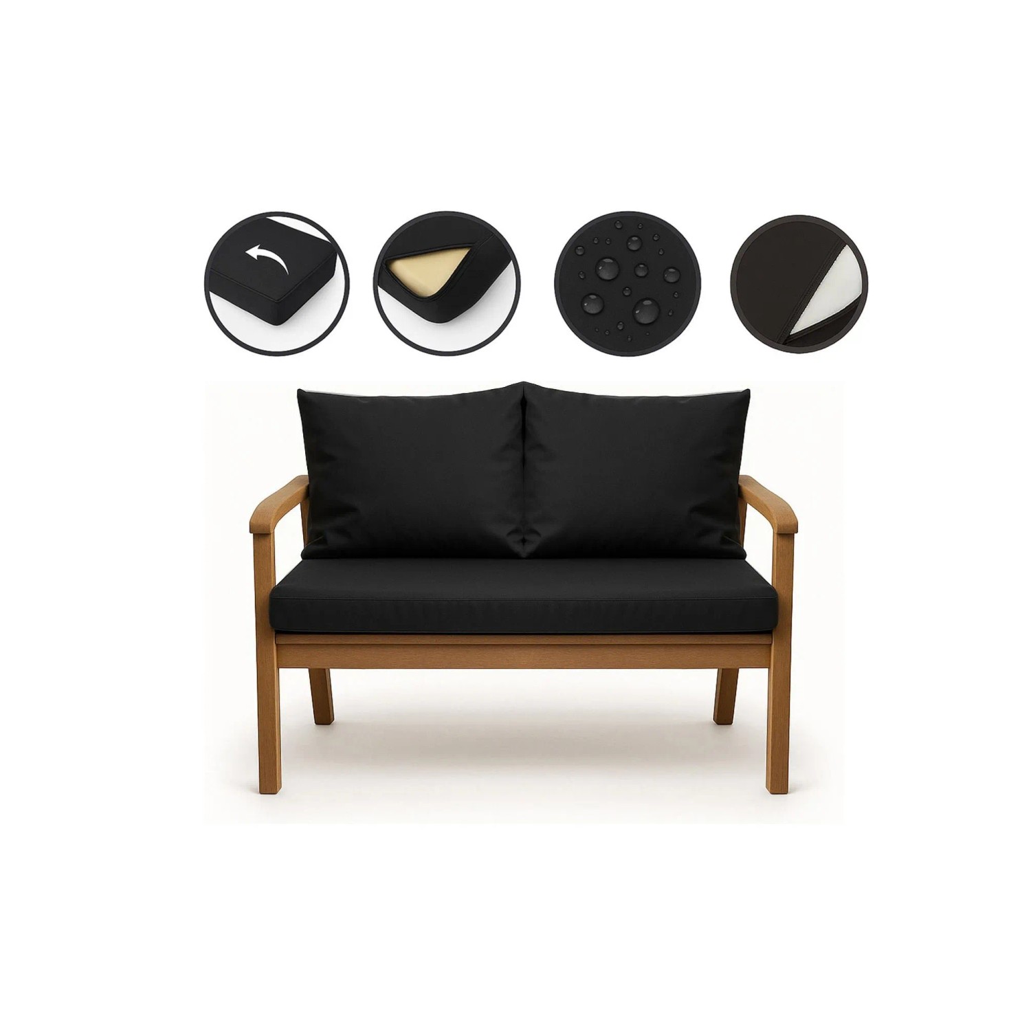 Schwarzes Setgarden Bankkissen-Set für 2-Sitzer Gartenbank, 100x60 + 2x50x56 cm.